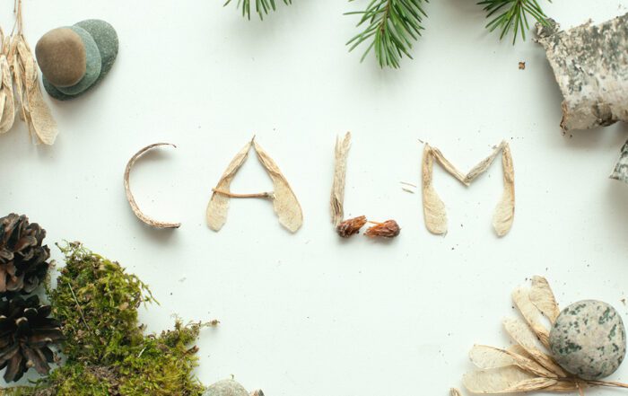 The word "Calm" surrounded by greenery.