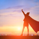 Silhouette Of Super Business Woman Feel Excited With Sunset